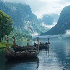 Row of Viking-style wooden boats with carved prows anchored in a misty fjord surrounded by steep mountains. Generative by AI.