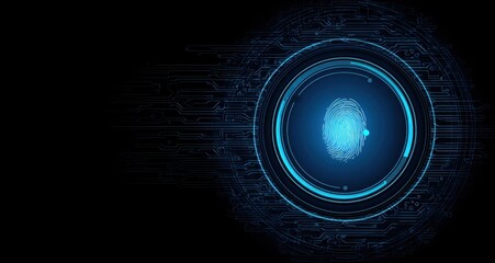 Digital fingerprint graphic with glowing circular interface.