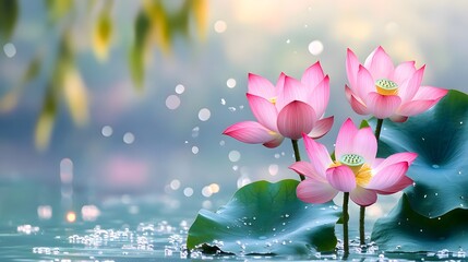 A serene image of three blooming pink lotus flowers on lily - pads, set against a soft, misty background with gentle water droplets and blurred foliage. 