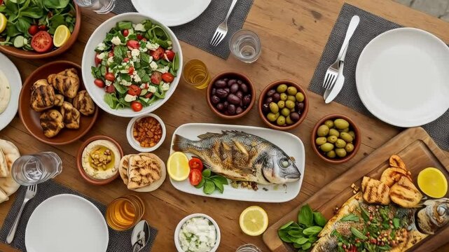Overhead shot of a table setting with grilled fish, salads, hummus and other mediterranean dishes