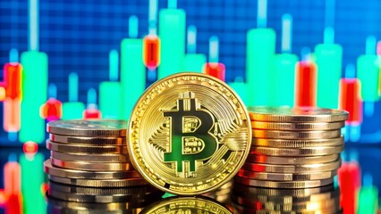 A Stack Of Shiny Gold Bitcoin Coins In Focus With Digital Background