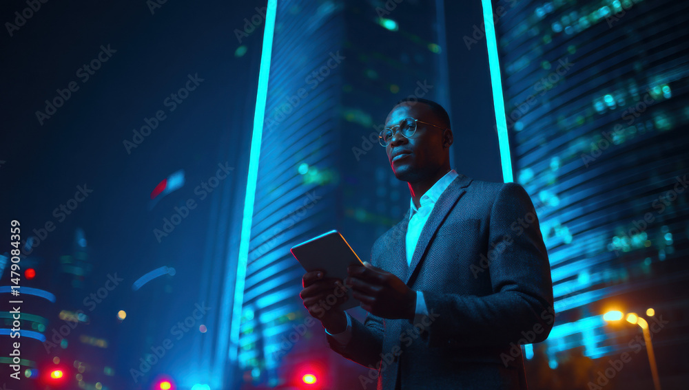 Aufkleber a businessman uses a tablet computer while standing in a modern city at night, illuminated by vibran