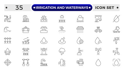 irrigation and waterways icon set. Includes drip, pipe, irrigation, and More. Outline icon set.