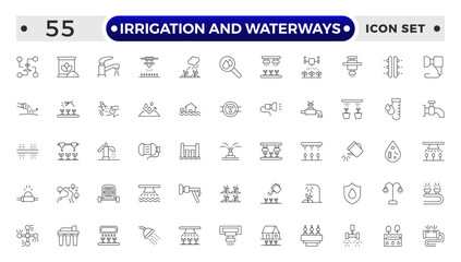 irrigation and waterways icon set. Includes drip, pipe, irrigation, and More. Outline icon set.