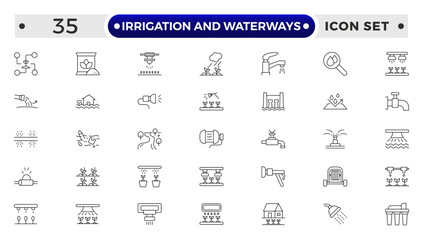 irrigation and waterways icon set. Includes drip, pipe, irrigation, and More. Outline icon set.