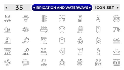 irrigation and waterways icon set. Includes drip, pipe, irrigation, and More. Outline icon set.