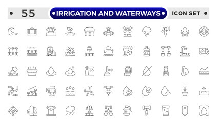 irrigation and waterways icon set. Includes drip, pipe, irrigation, and More. Outline icon set.