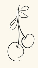 Minimalist clean line art drawing of two cherries with stem and leaves simple black outline flat vector design for food and nature projects