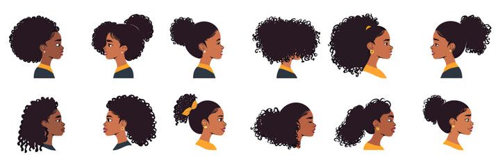 Set of African American women hairstyles and black girl avatars with diverse curly, afro, wavy hair profiles in flat minimalist vector style isolated on white background