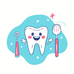 Happy cartoon tooth character with toothbrush and dental mirror smiling and sparkling in blue background flat vector illustration