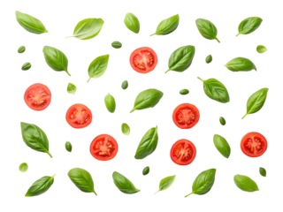 Fresh basil leaves and sliced tomatoes floating on a sleek black background for culinary themes