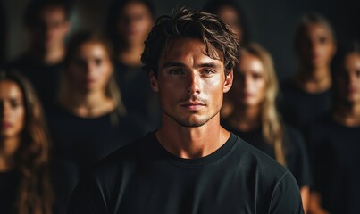 confident man standing in front of a team of young like minded people