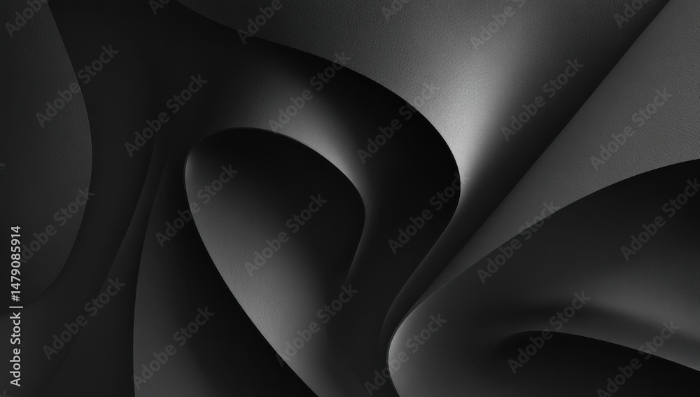 Fototapete abstract grayscale image featuring flowing, curved shapes resembling dark, textured fabric or paper,