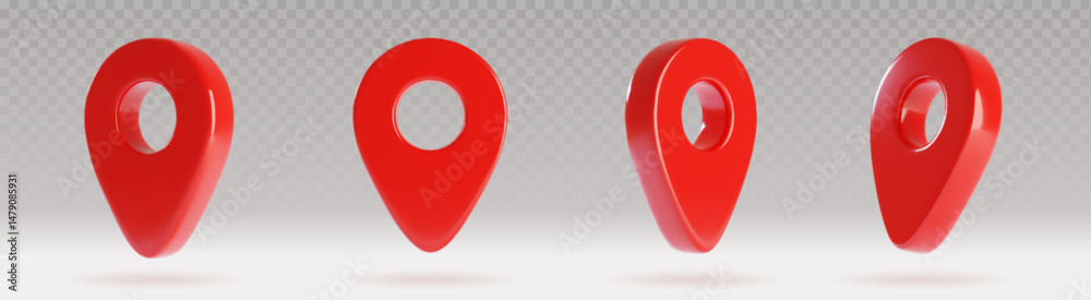 Poster 3d red map pointer pin icons set - glossy location markers with transparent shadows isolated on gray