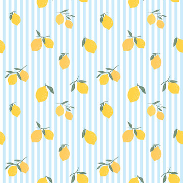 Summer seamless pattern with lemons on a striped background, retro style wallpaper