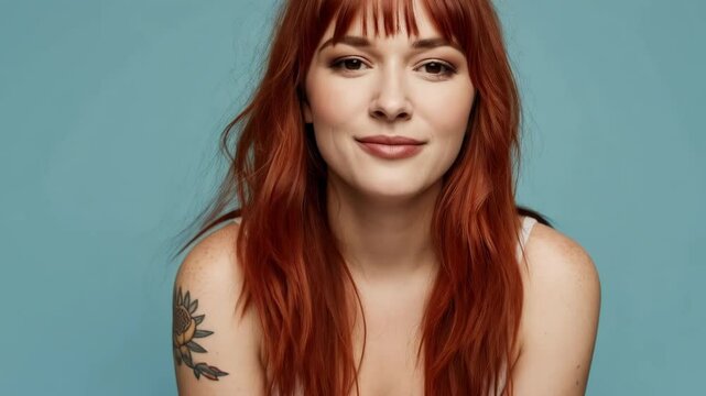 Smiling redhead woman with tattoo on her arm poses against a blue background in the studio
