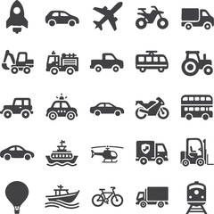 Naklejka premium Transportation Icons Set. Flat Black Vehicle Symbol Collection, Car, Bus, Plane, Ship, and Bike Silhouettes, Minimal Transport Vector Illustration for Mobility, Travel, and Logistics Design