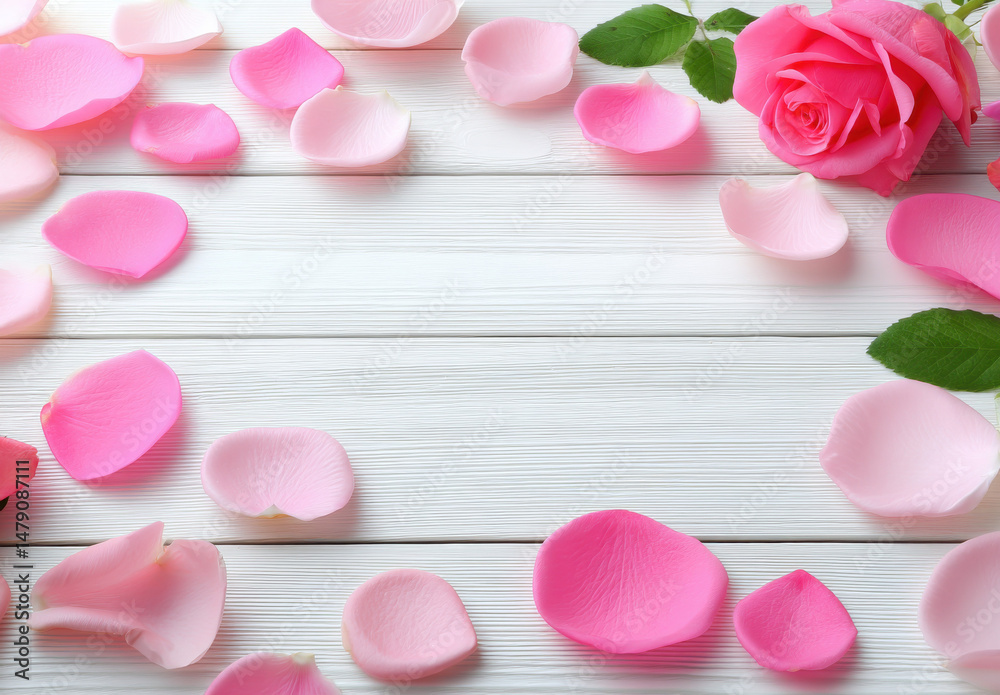 Aufkleber pink rose petals and a single rose arranged on a white wooden surface, creating a beautiful and roma