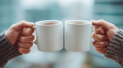 Two coworkers clinking coffee mugs during short break
