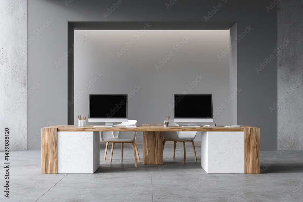Leinwandbilder Modern minimalist office workspace with two computers on a shared wooden and marble desk, situated in a contemporary gray room with concrete walls. : Generative AI