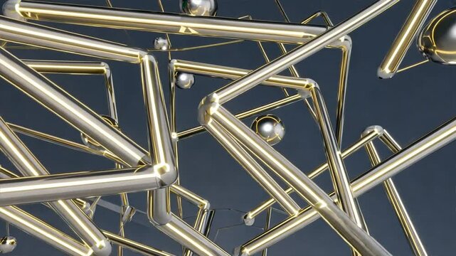 Abstract metal background with golden spheres. Golden cubes and arcs suspended in darkness, elegant minimal concept art.