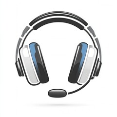 Modern headset with microphone icon in sleek black, white, and blue, representing audio communication and customer support