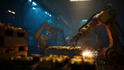 Industrial robot arm welding gold lids onto jars in a factory setting, sparks flying, showcasing advanced automation technology and manufacturing processes. : Generative AI