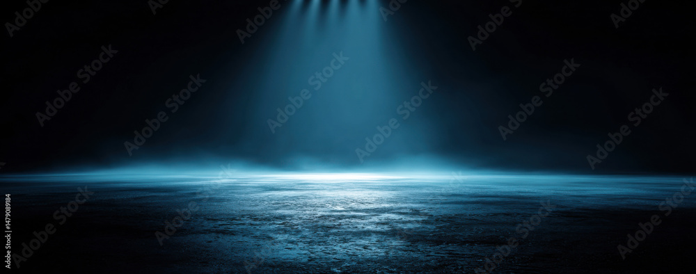 Poster Dark, moody scene with a single, bright blue spotlight illuminating a textured ground, creating a dramatic and atmospheric effect, perfect for various design projects. : Generative AI