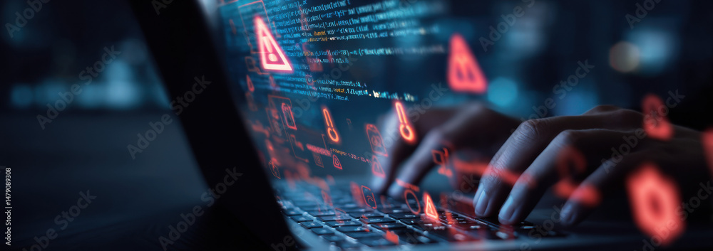 Leinwandbilder Person's hands typing on laptop keyboard with glowing red warning icons and code overlay, suggesting cybersecurity threat or system alert. : Generative AI