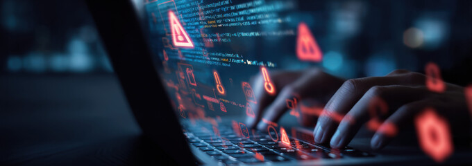 Person's hands typing on laptop keyboard with glowing red warning icons and code overlay, suggesting cybersecurity threat or system alert. : Generative AI