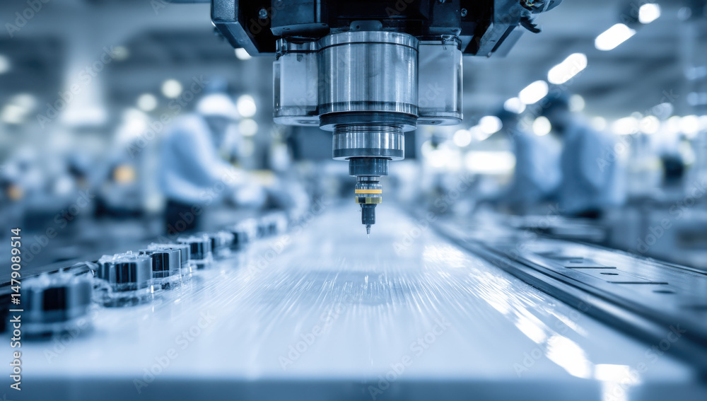 Fototapete cnc milling machine precisely cuts a series of plastic parts on a conveyor belt in a modern factory 