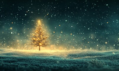 artistic rendering of a glowing Christmas tree standing alone in a snowy meadow, surrounded by softly falling snowflakes, Generative AI