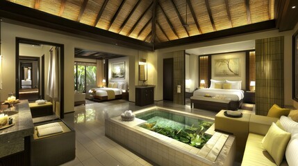 Spacious tropical interior design with a luxurious sunken pool.