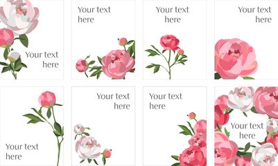 Vector set of social media templates new feed size with peonies on white background and copy space