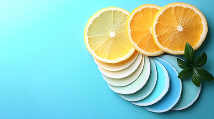 Citrus fruit slices and color palette on blue background
