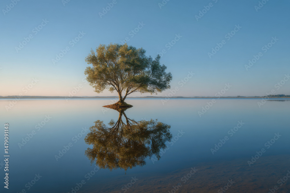 Aufkleber solitary tree on a calm lake reflecting in tranquil water at sunrise, creating a serene and peaceful