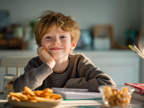 Happy redhead boy sits at table, smiling, hand on chin, doing homework, surrounded by snacks and school supplies.  Sunlight streams in. : Generative AI