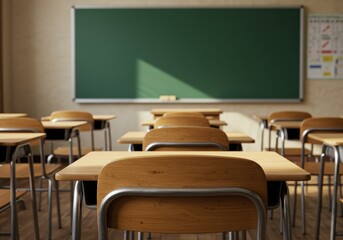 Rows of empty wooden desks and chairs face a green chalkboard in a classroom setting
