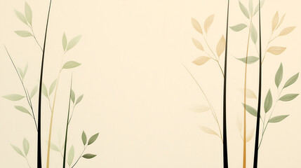 Naklejka premium Stylized bamboo stalks with leaves in muted green and beige tones frame a soft cream-colored central space, creating a calm, balanced design.