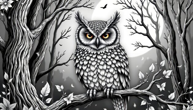 detailed coloring book illustration of a mystical forest owl, in a zentangle style, black and white, featuring layered feathers and moonlit branches, fine lines