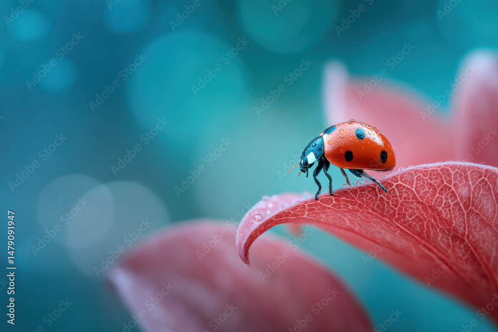 Aufkleber a ladybug with water droplets rests on a delicate pink petal, showcasing vibrant red and black marki