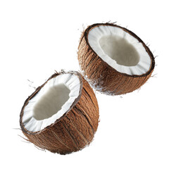 Freshly Cut Coconut Halves with Creamy Flesh and Water, Perfect for Tropical Recipes and Healthy Snacks on transparent background