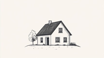 Fototapeta premium Simple sketch of a charming house and tree on a hill
