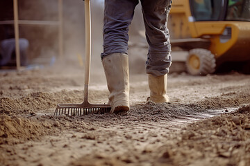 Construction Worker Using Rake on Dirt