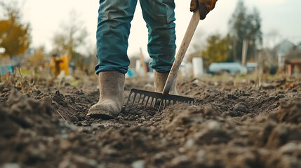 Person Using a Rake in a Garden