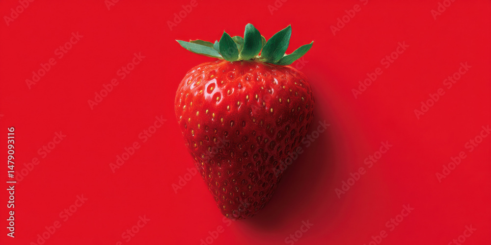 Poster a single, ripe strawberry with vibrant red color sits against a matching red background, showcasing 