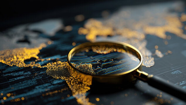 A golden magnifying glass rests on a digital world map, illuminating glowing data points; a concept of global data analysis and exploration. : Generative AI