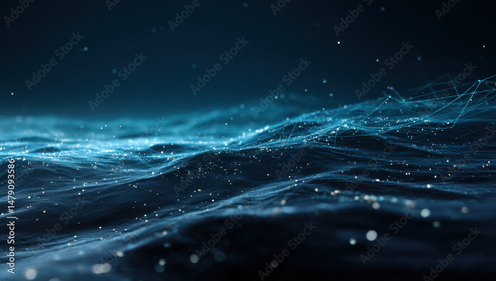 Poster Abstract digital landscape with glowing particles and interconnected lines, creating a dynamic and futuristic ocean-like scene. : Generative AI