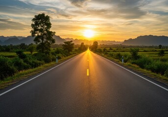 Obraz premium A long straight road leads to the horizon under a vibrant sunset sky with mountains