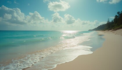 Obraz premium Tranquil tropical beach scene with turquoise water, white sand, gentle waves, sunny sky, and lush green trees